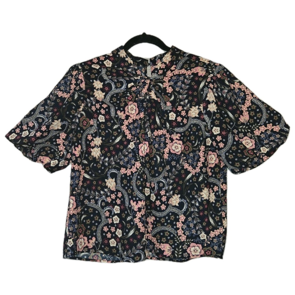 LOFT Bloom Floral Twist Neck Blouse Medium Bubble Sleeve Black Pink Keyhole Neck
